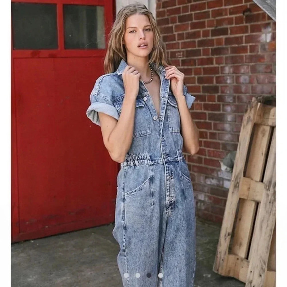 New Free People Marci Coverall Denim Jumpsuit Jean Onesie Utility Blue Small - Picture 1 of 10
